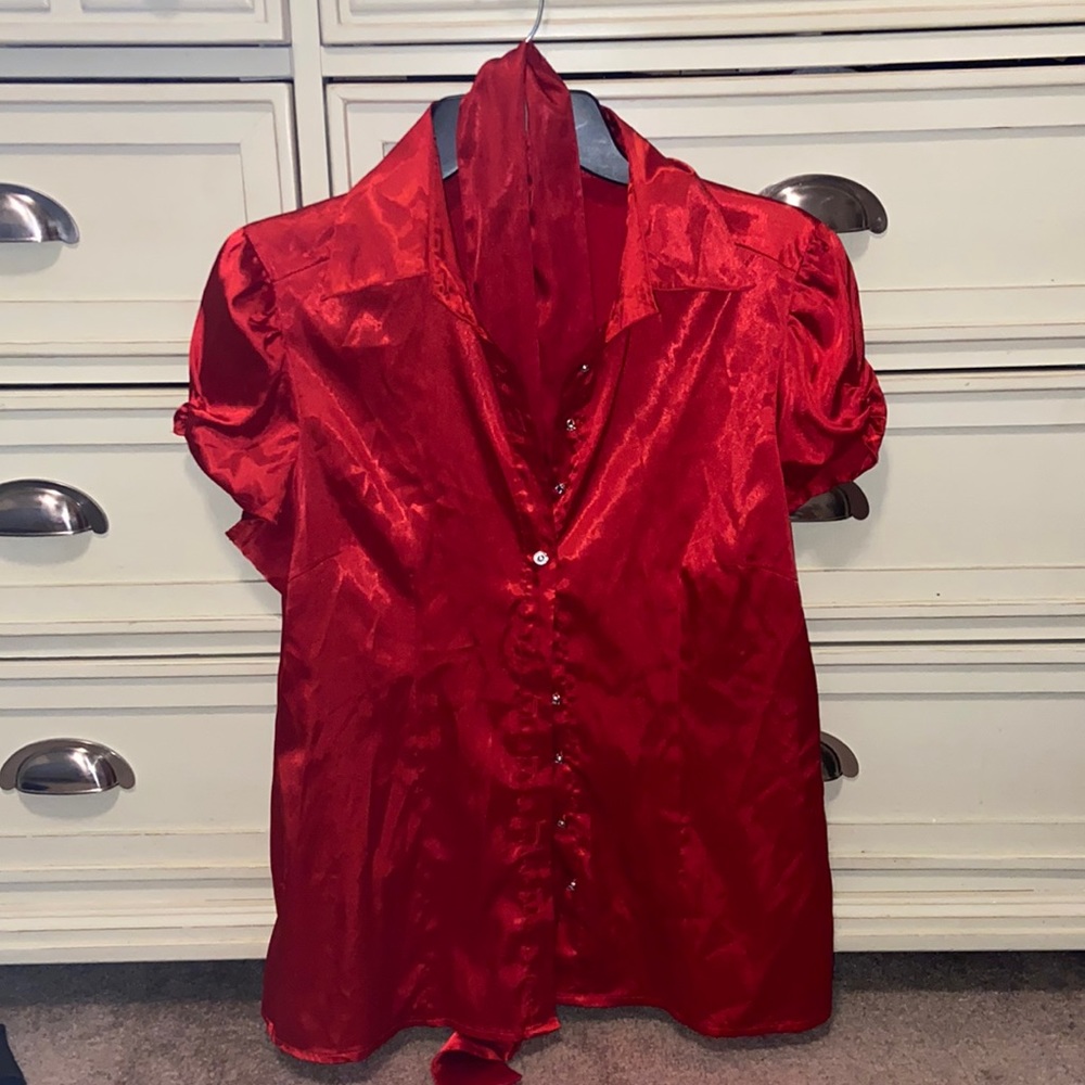 Diamond Button-down Satin/Silk Blouse with Tie ✨